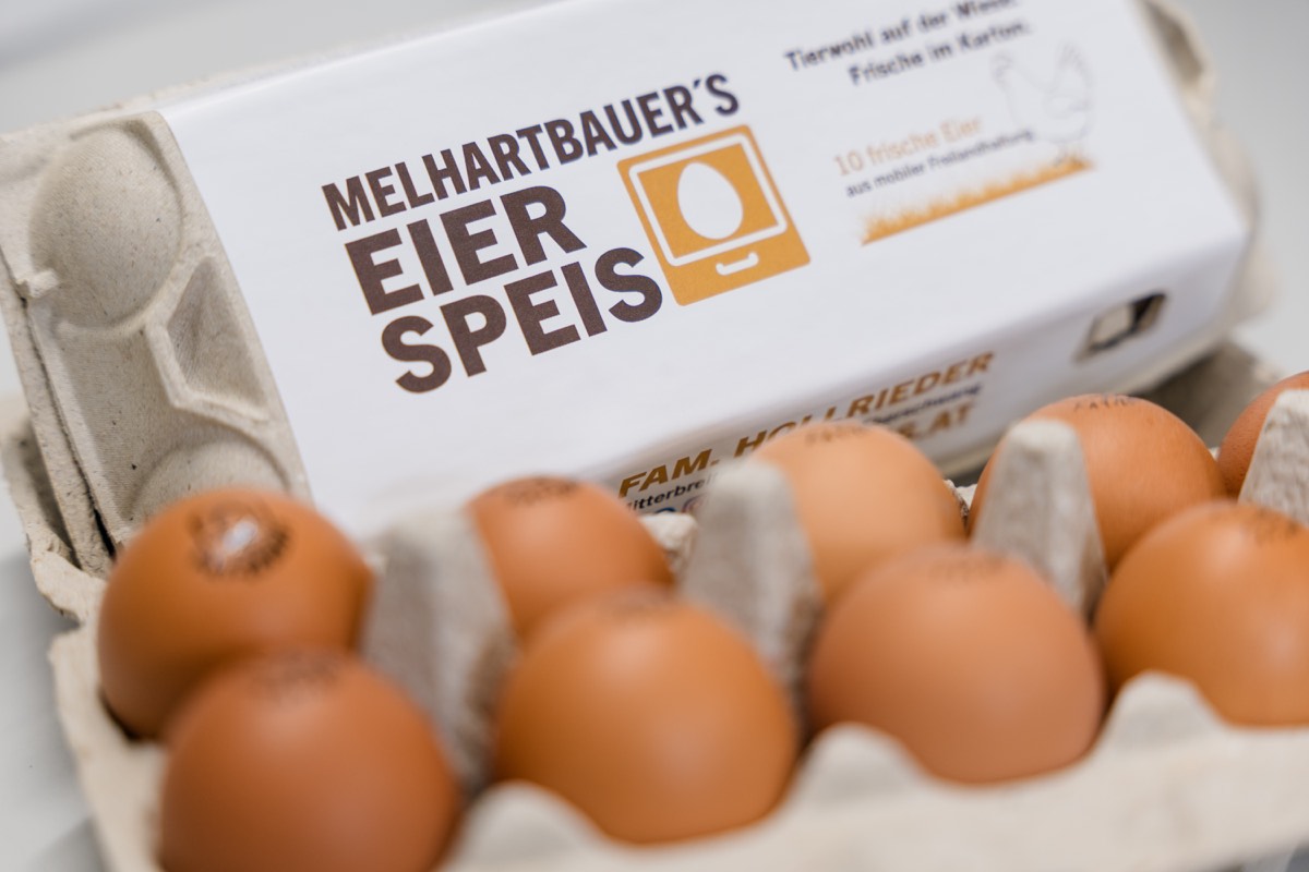 Offene Eierschachtel mit braunen Freilandeiern und Etikett Melhartbauer's Eierspeis